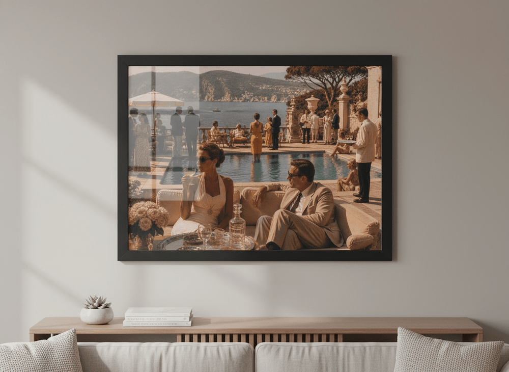 Modern wall art styled above a sofa in a neutral living room