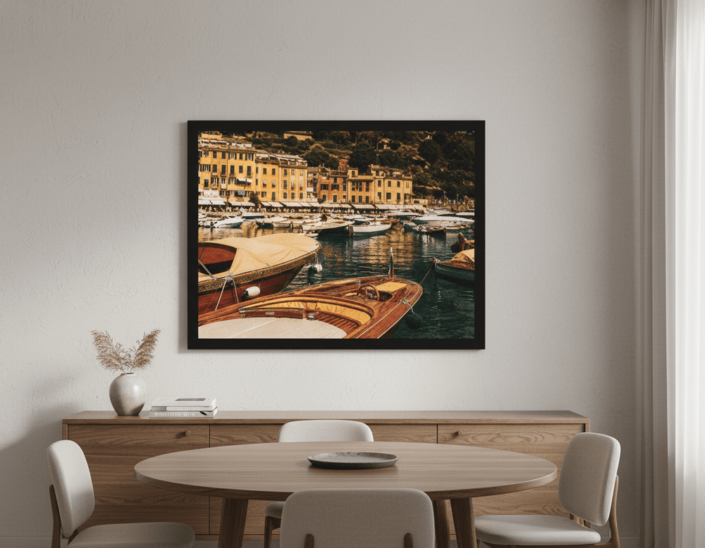 Wall art styled above a dining table in a contemporary home