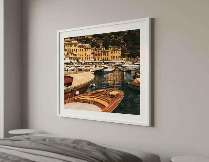 Minimalist artwork displayed in a calm, light-filled bedroom interior