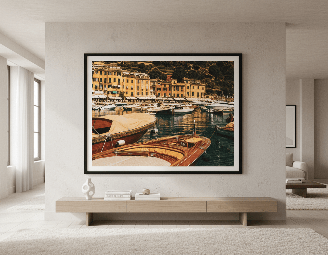 Monumental artwork centred on a feature wall in a luxe interior