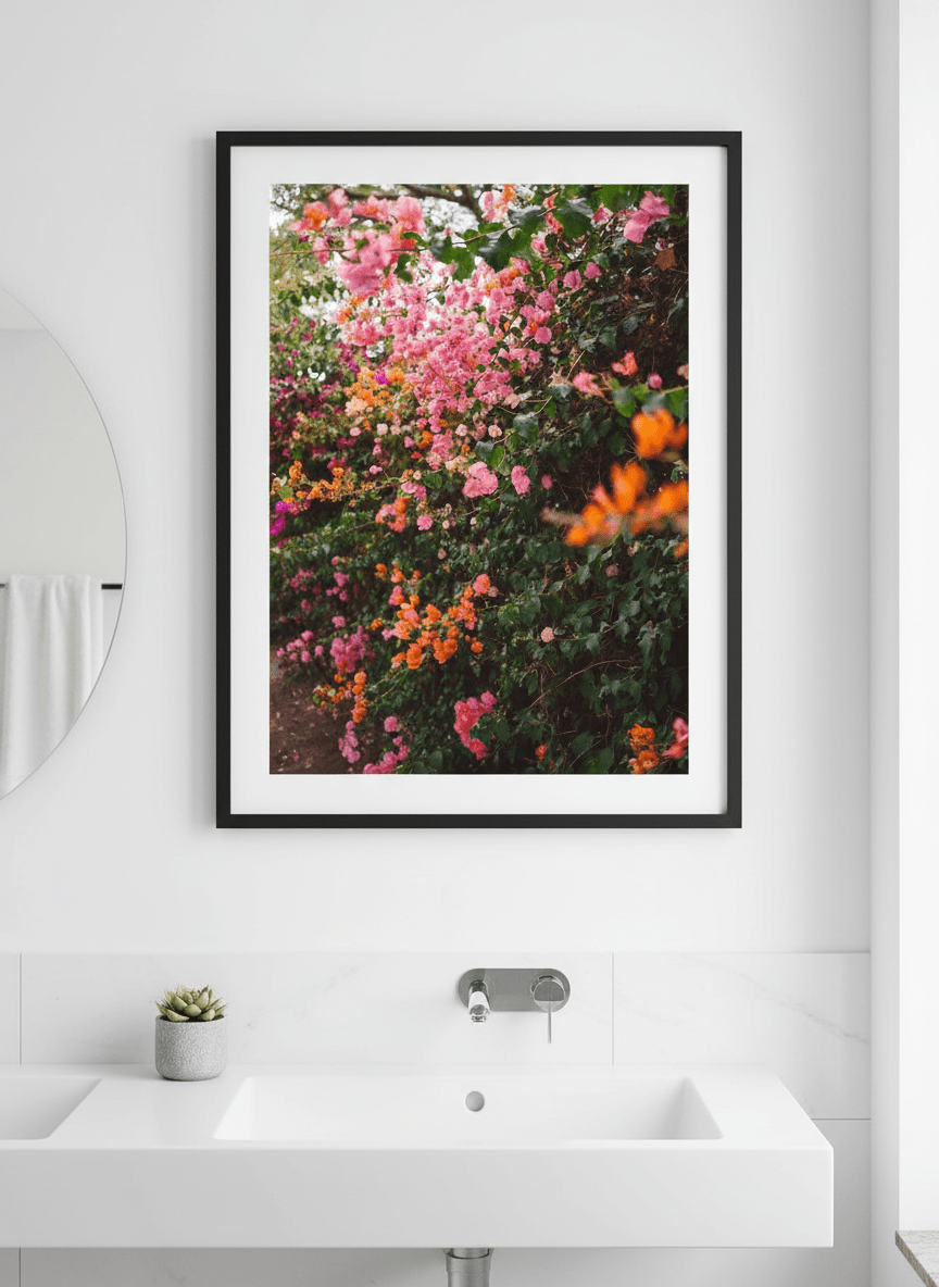 Modern print displayed in a clean minimalist bathroom setting