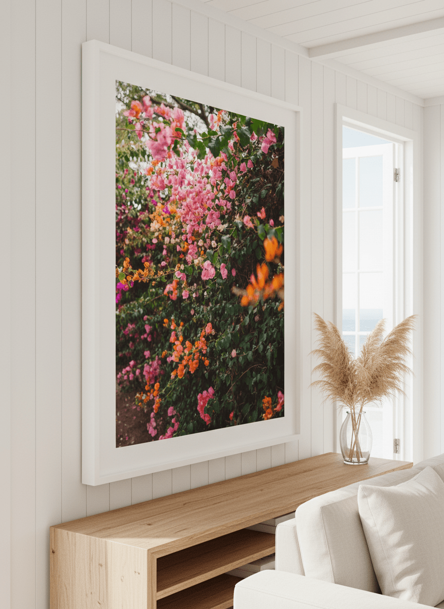 Neutral wall art displayed in a sunny coastal beach house