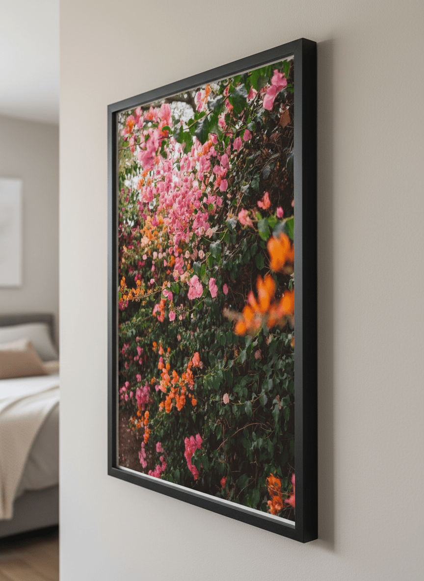 Minimalist artwork displayed in a calm, light-filled bedroom interior