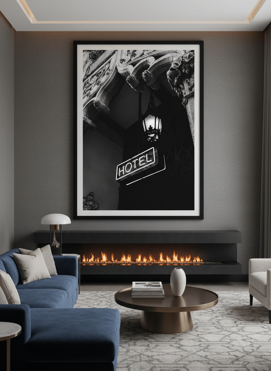 Monumental artwork centred on a feature wall in a luxe interior