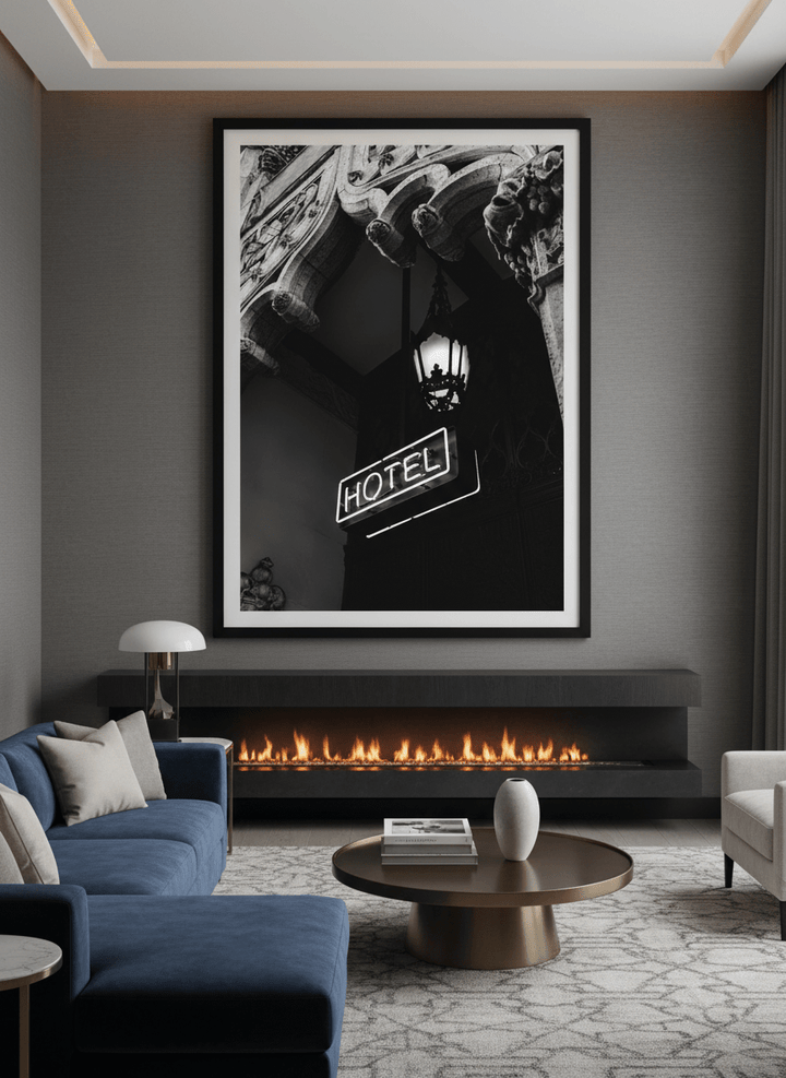 Monumental artwork centred on a feature wall in a luxe interior