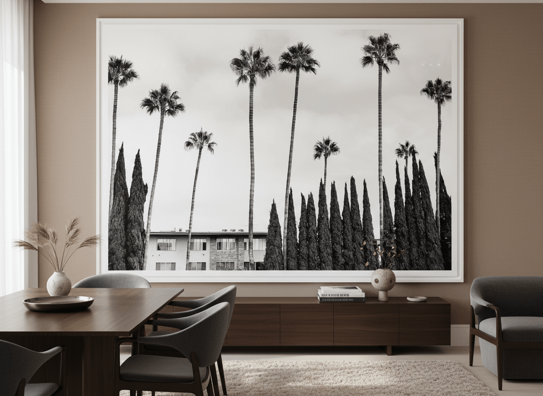 Monumental artwork centred on a feature wall in a luxe interior