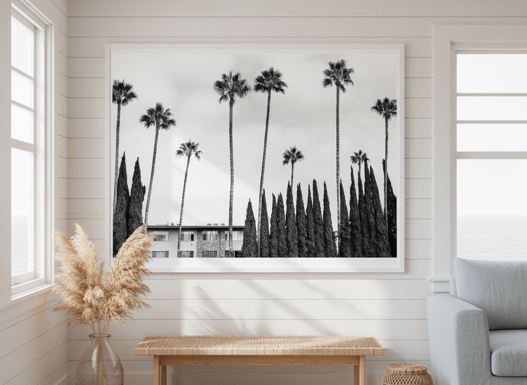 Neutral wall art displayed in a sunny coastal beach house