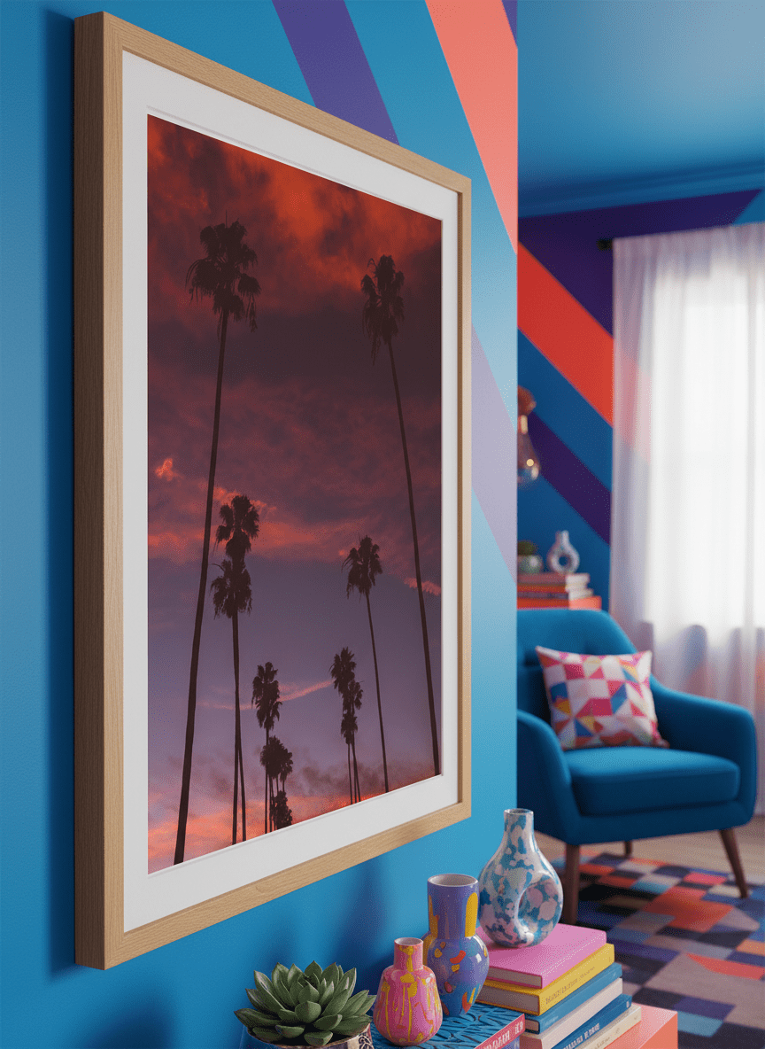 Bold wall art styled in a colourful, eclectic modern home