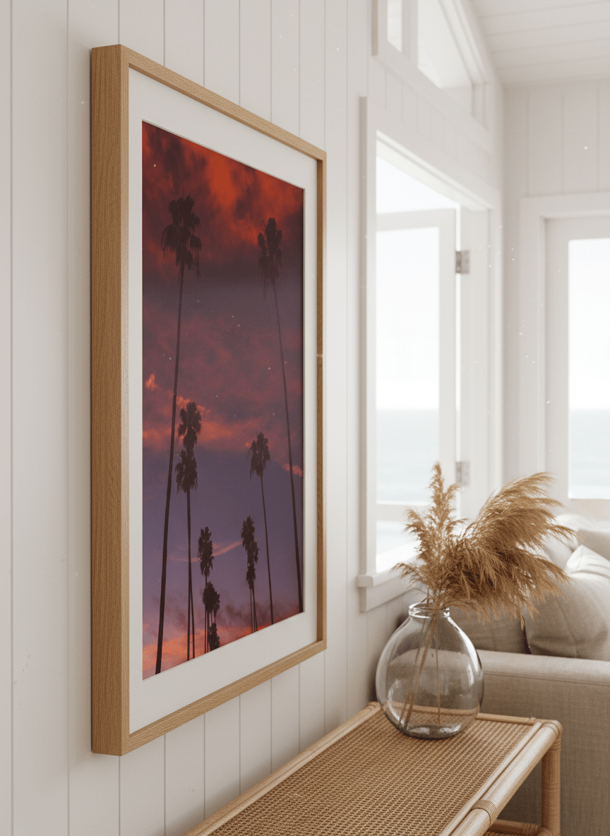 Neutral wall art displayed in a sunny coastal beach house