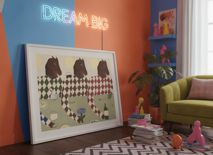 Bold wall art styled in a colourful, eclectic modern home