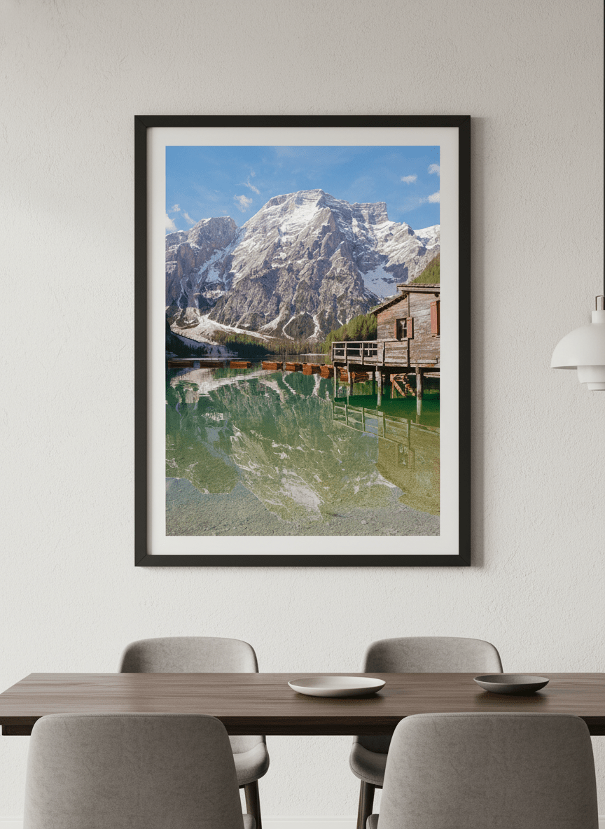 Wall art styled above a dining table in a contemporary home