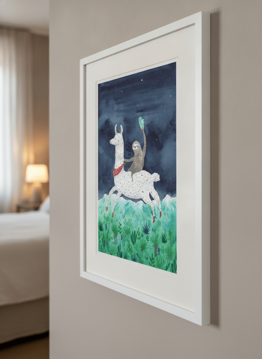 Minimalist artwork displayed in a calm, light-filled bedroom interior