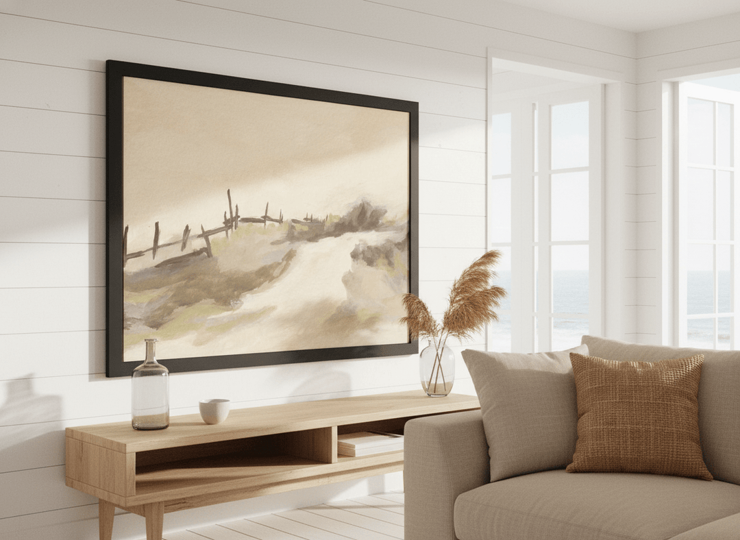 Neutral wall art displayed in a sunny coastal beach house
