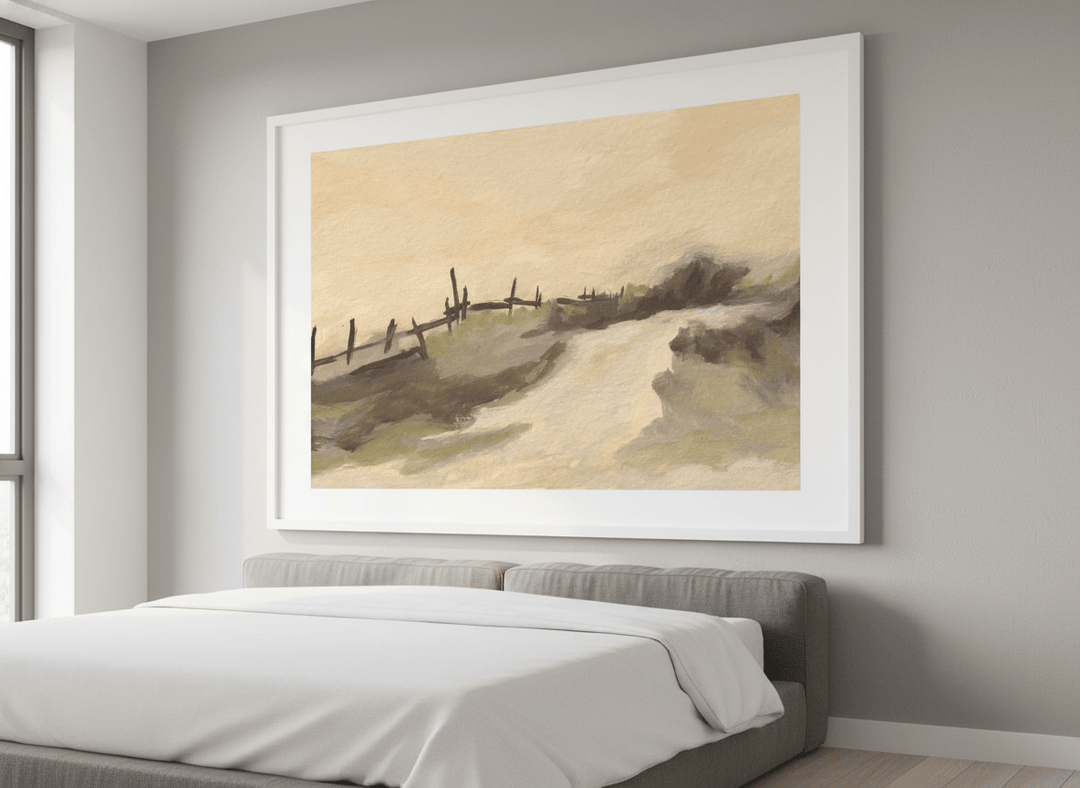 Minimalist artwork displayed in a calm, light-filled bedroom interior