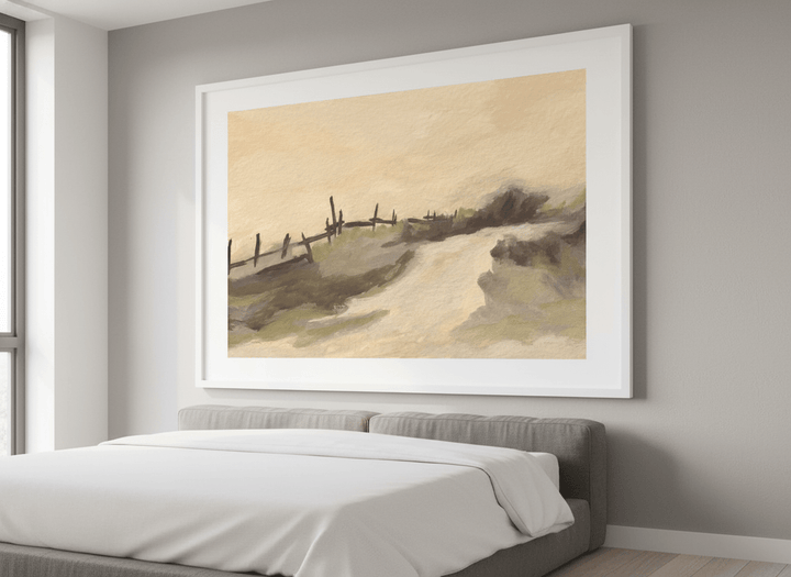 Minimalist artwork displayed in a calm, light-filled bedroom interior