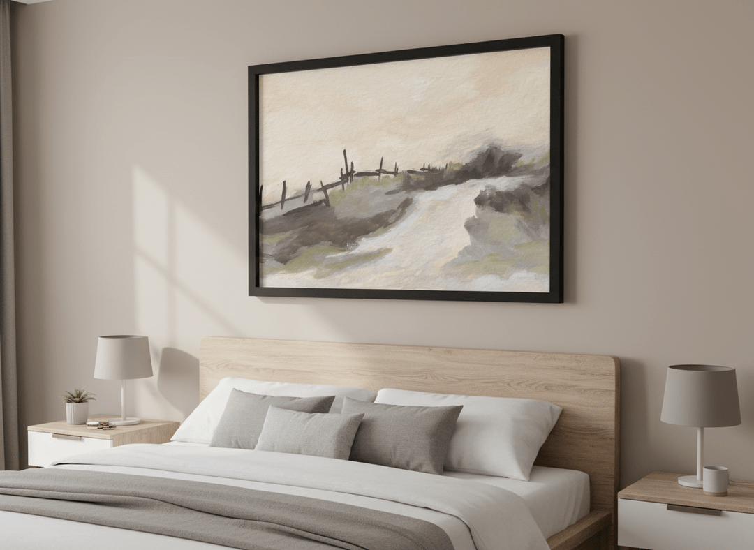 Minimalist artwork displayed in a calm, light-filled bedroom interior