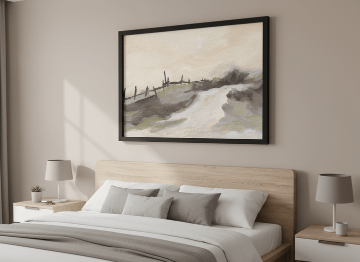 Minimalist artwork displayed in a calm, light-filled bedroom interior