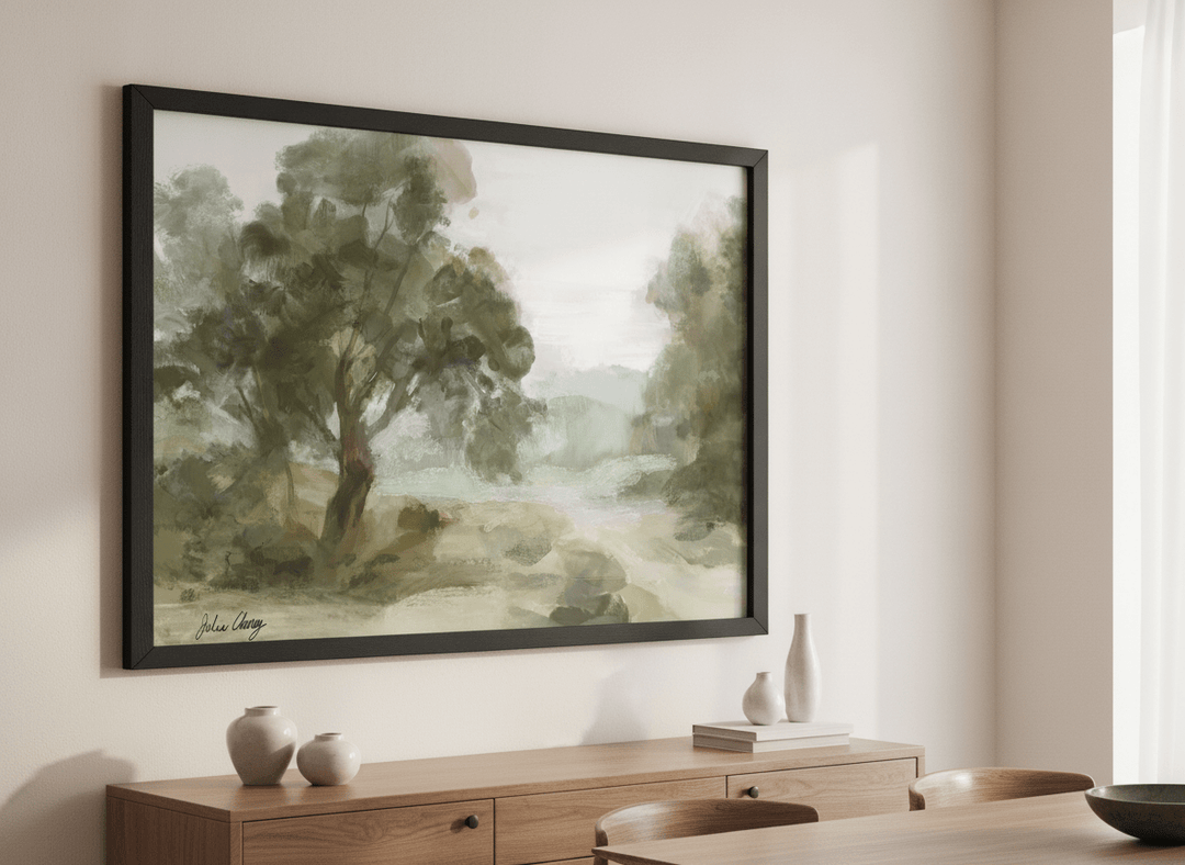 Wall art styled above a dining table in a contemporary home