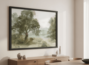 Wall art styled above a dining table in a contemporary home