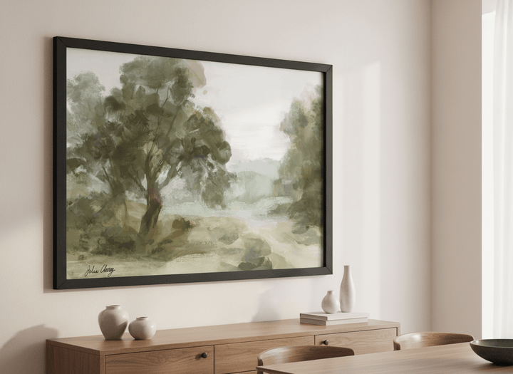 Wall art styled above a dining table in a contemporary home