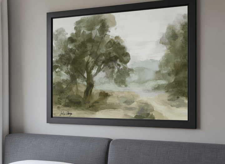 Minimalist artwork displayed in a calm, light-filled bedroom interior