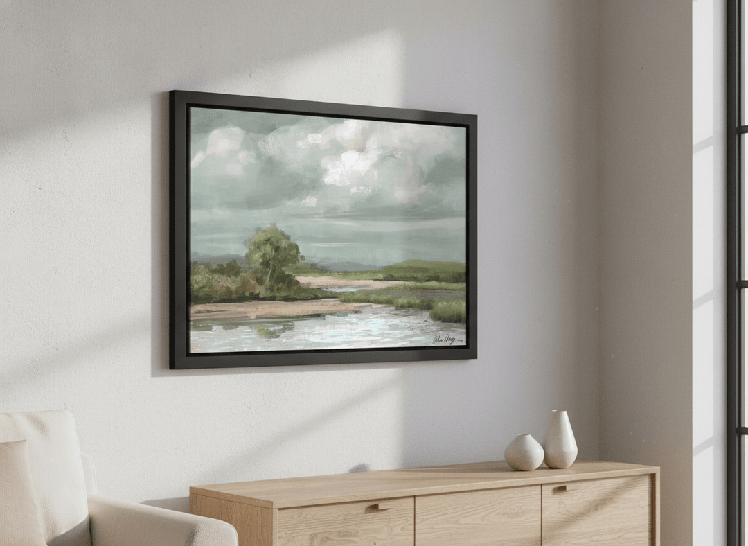 Artwork displayed above a credenza in a real-looking contemporary home