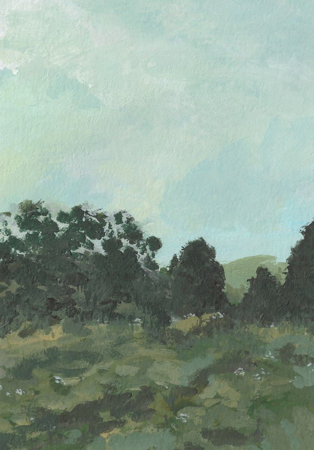 Painting of a forest landscape with trees and greenery. framed