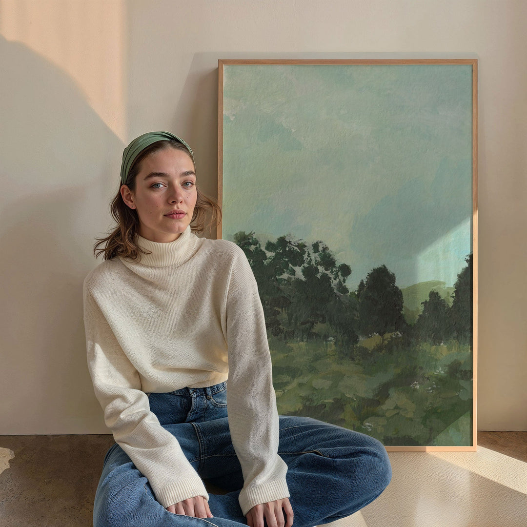 Woman sitting on the floor in front of a landscape painting.
