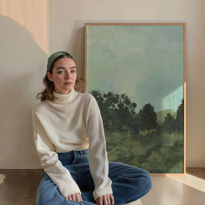 Woman sitting on the floor in front of a landscape painting.