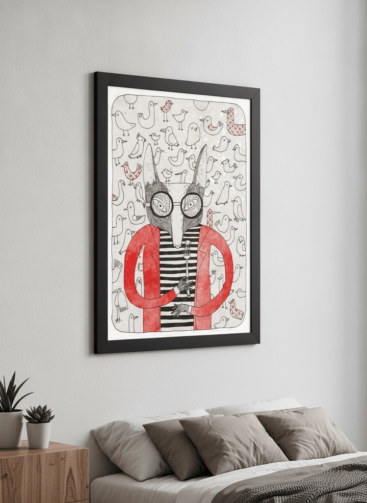 Minimalist artwork displayed in a calm, light-filled bedroom interior