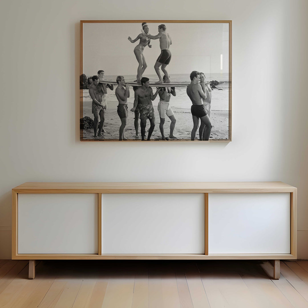 Vintage black and white coastal surfer photograph print timber print border above buffet