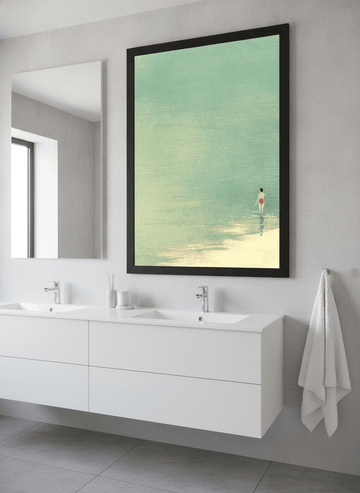 Modern print displayed in a clean minimalist bathroom setting