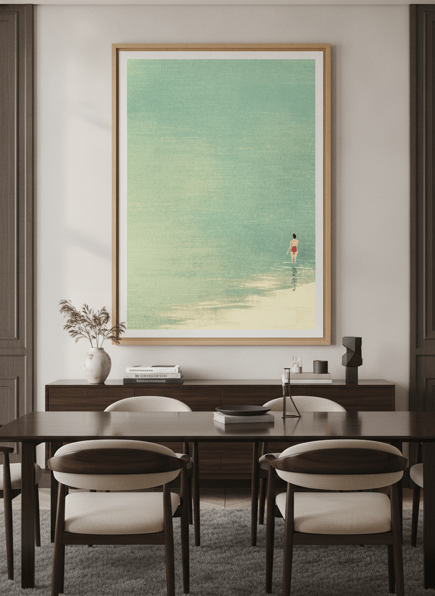 Monumental artwork centred on a feature wall in a luxe interior