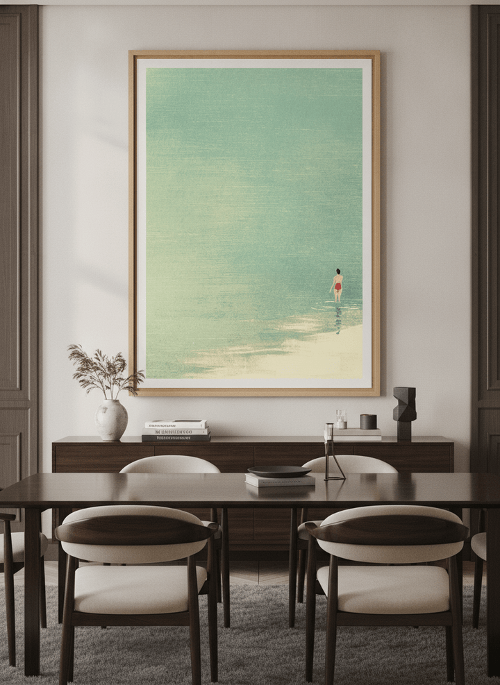 Monumental artwork centred on a feature wall in a luxe interior