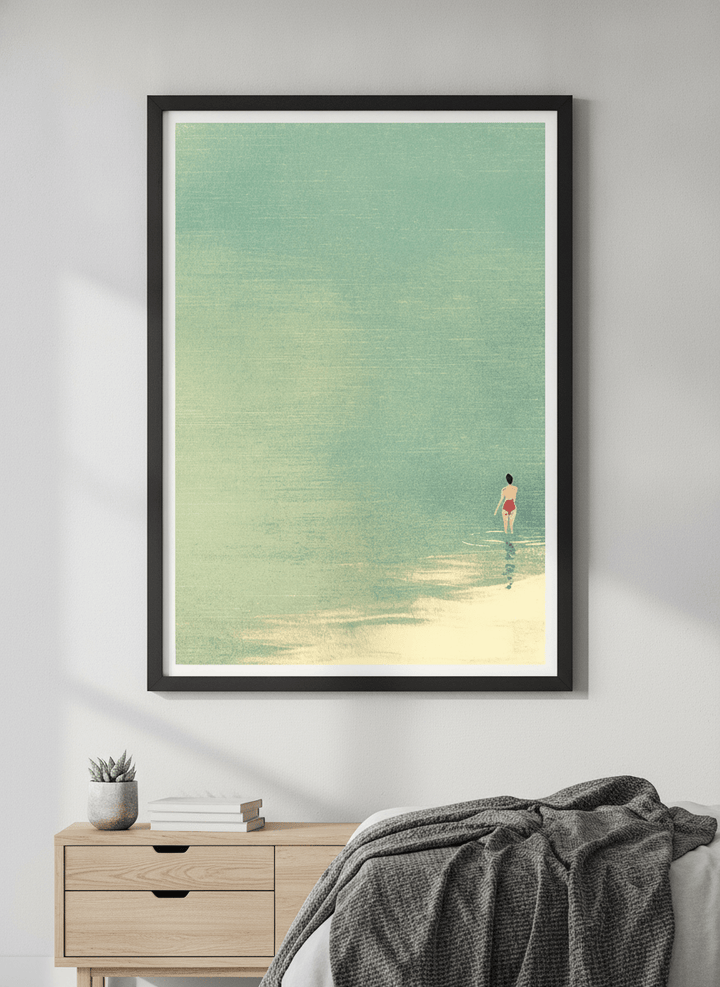 Minimalist artwork displayed in a calm, light-filled bedroom interior