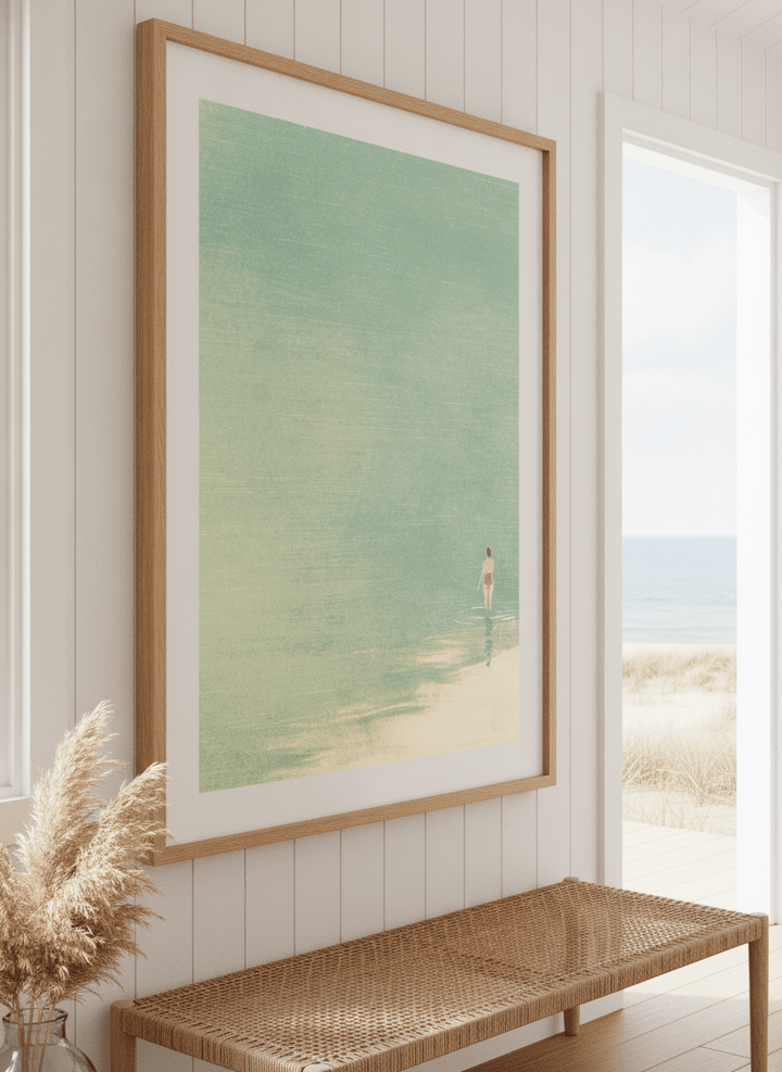 Neutral wall art displayed in a sunny coastal beach house