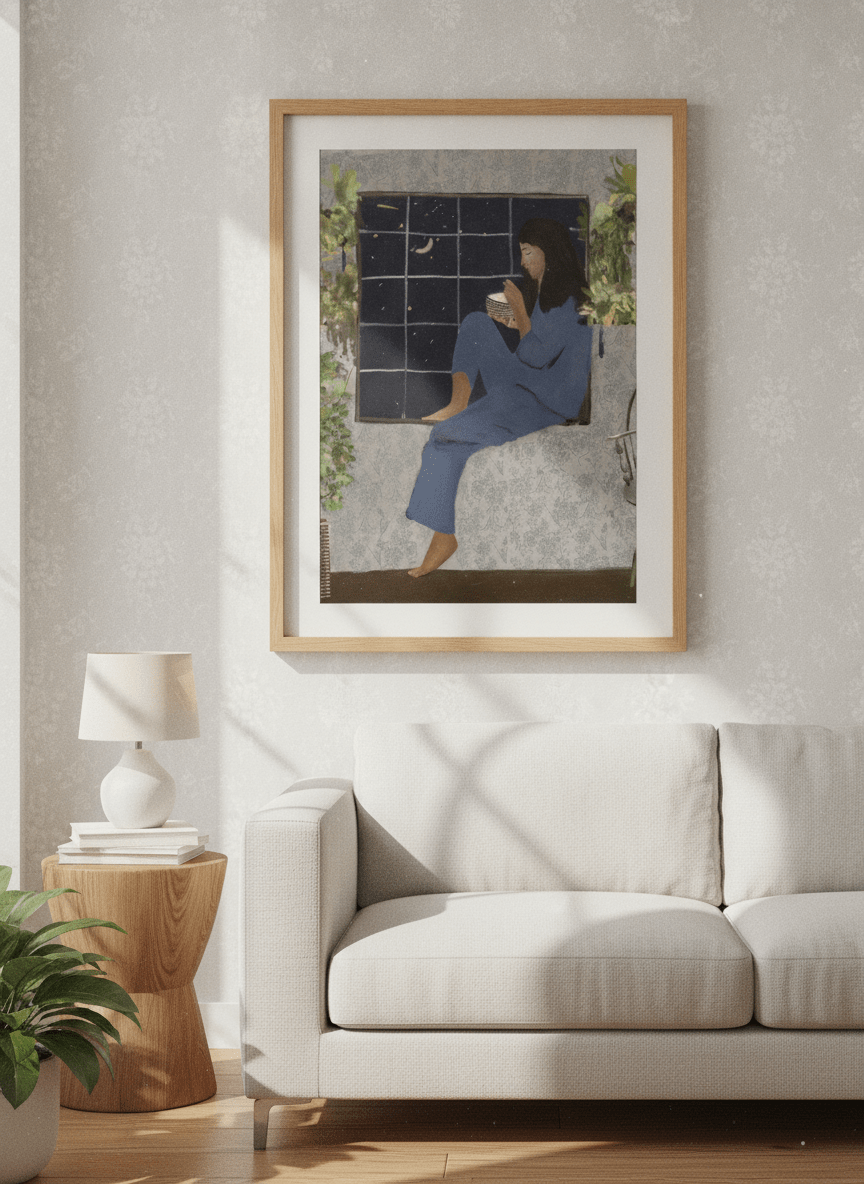 Artwork displayed above a credenza in a real-looking contemporary home