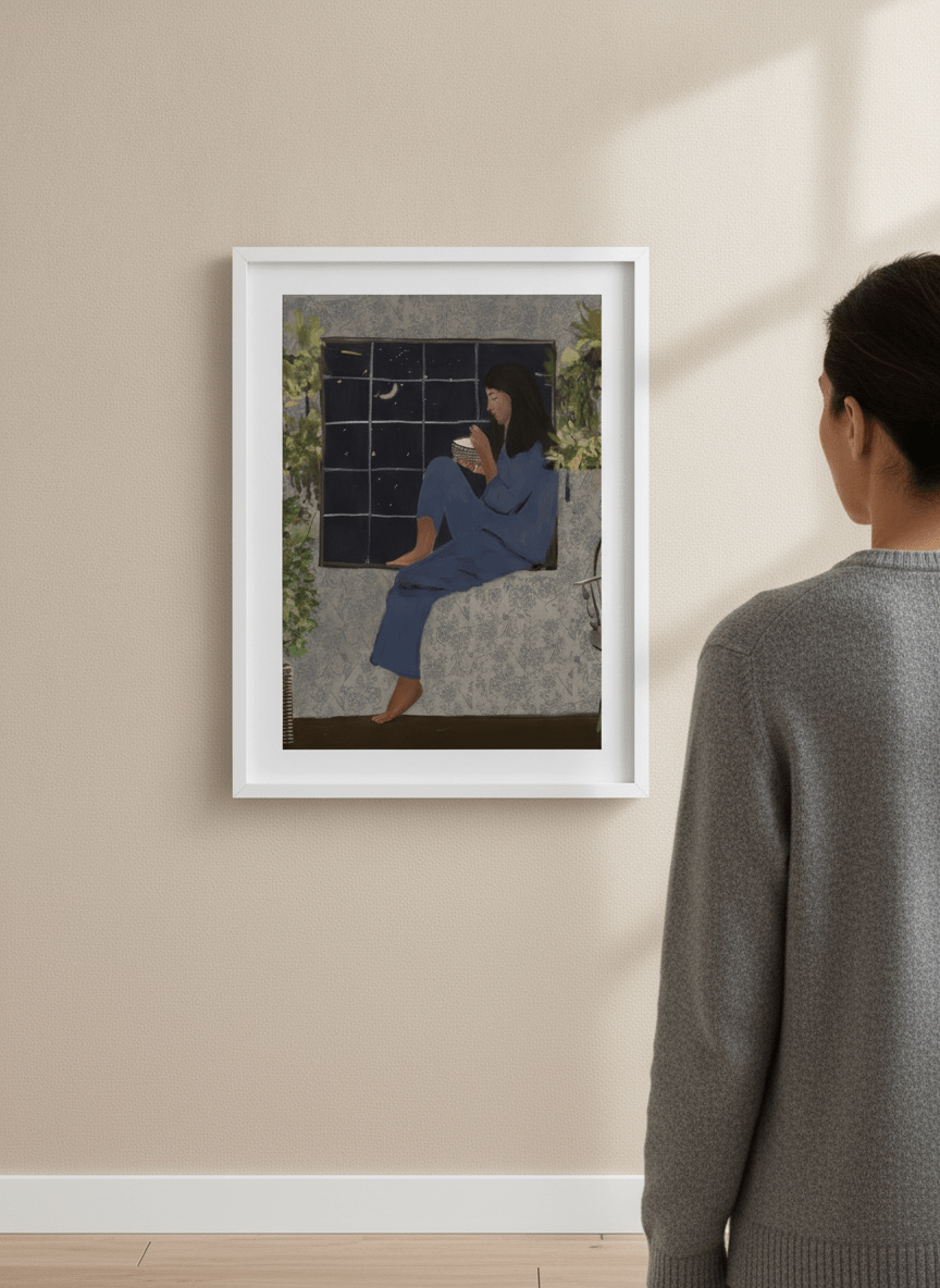 Person showcasing the artwork against a clean modern interior wall