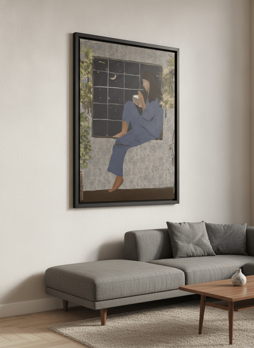 Modern wall art styled above a sofa in a neutral living room