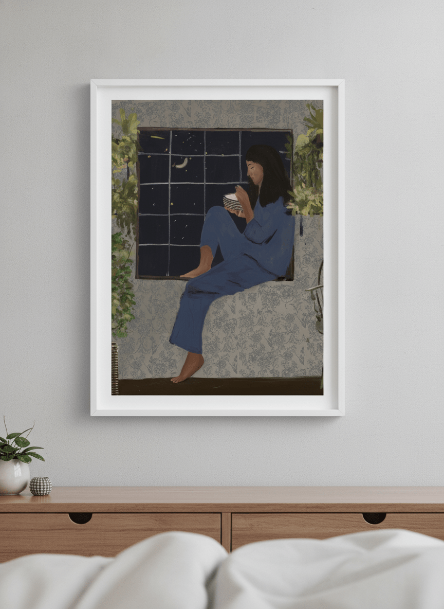 Minimalist artwork displayed in a calm, light-filled bedroom interior