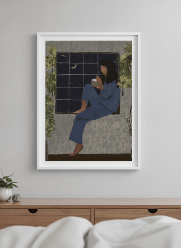 Minimalist artwork displayed in a calm, light-filled bedroom interior
