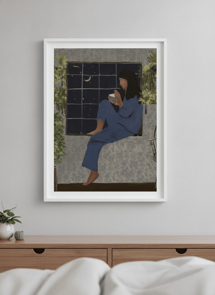 Minimalist artwork displayed in a calm, light-filled bedroom interior