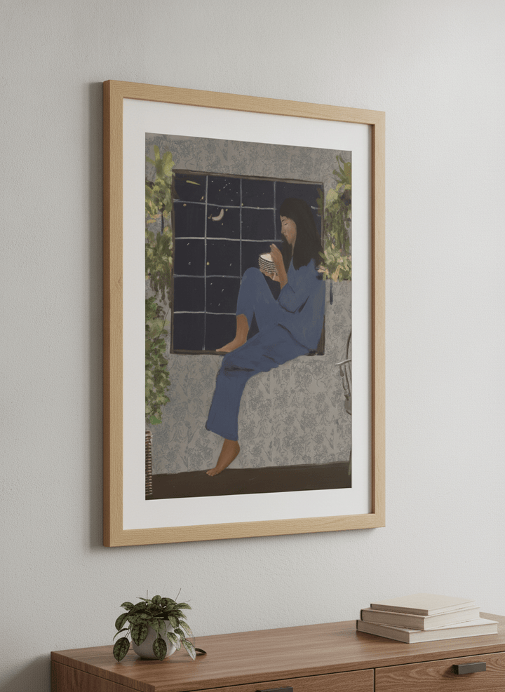 Minimalist artwork displayed in a calm, light-filled bedroom interior