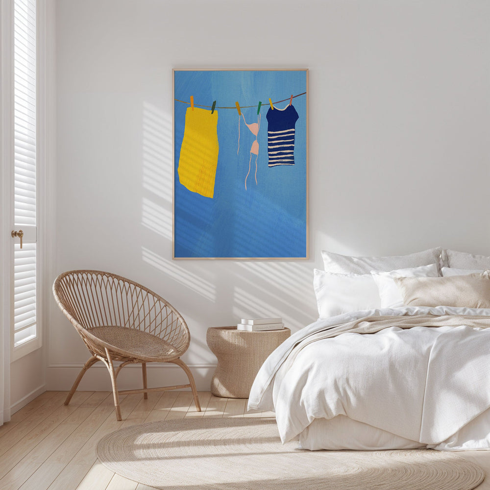 Bedroom with a chair, nightstand, and abstract art on the wall