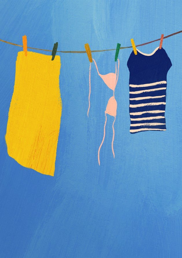 Yellow dress, pink bra, and blue striped shirt hanging on a clothesline against a blue background. framed