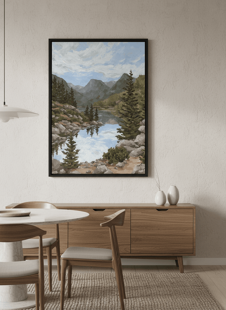Wall art styled above a dining table in a contemporary home
