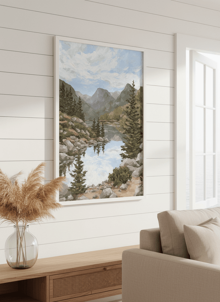 Neutral wall art displayed in a sunny coastal beach house