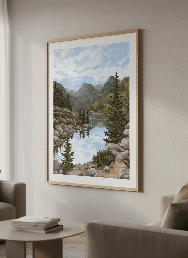 Modern wall art styled above a sofa in a neutral living room