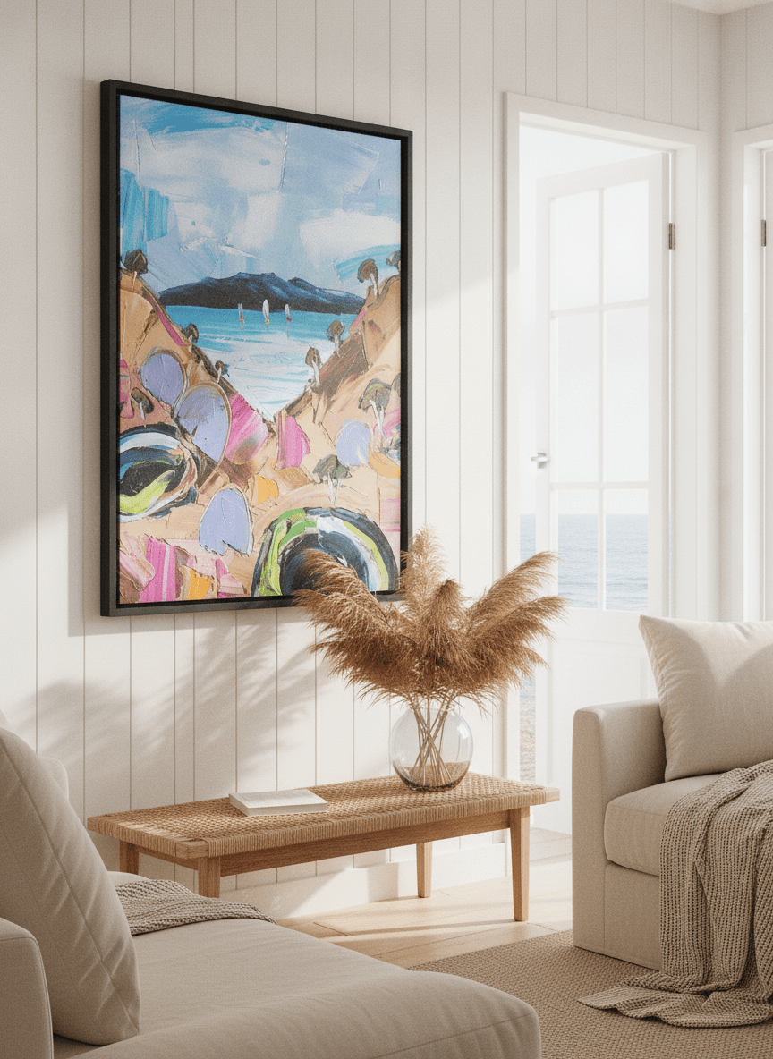 Neutral wall art displayed in a sunny coastal beach house