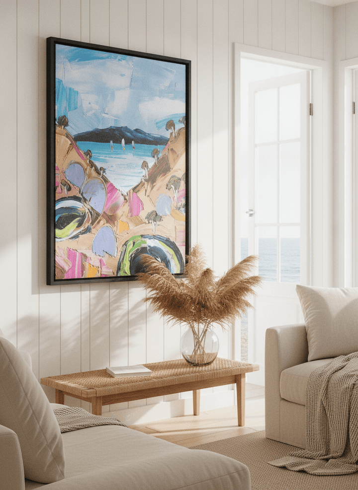 Neutral wall art displayed in a sunny coastal beach house